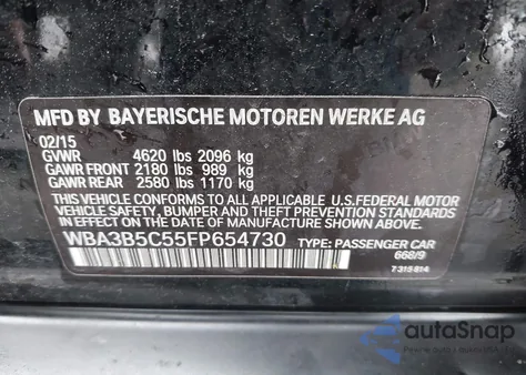 2015 BMW 328I xDrive из США, поврежденный, VIN WBA3B5C55FP654730